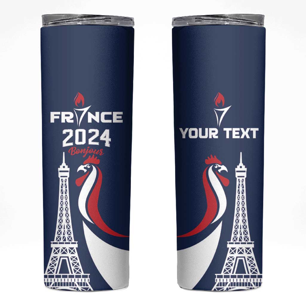 Personalized France 2024 Bonjour Skinny Tumbler Eiffel Tower Gallic Rooster - Wonder Print Shop