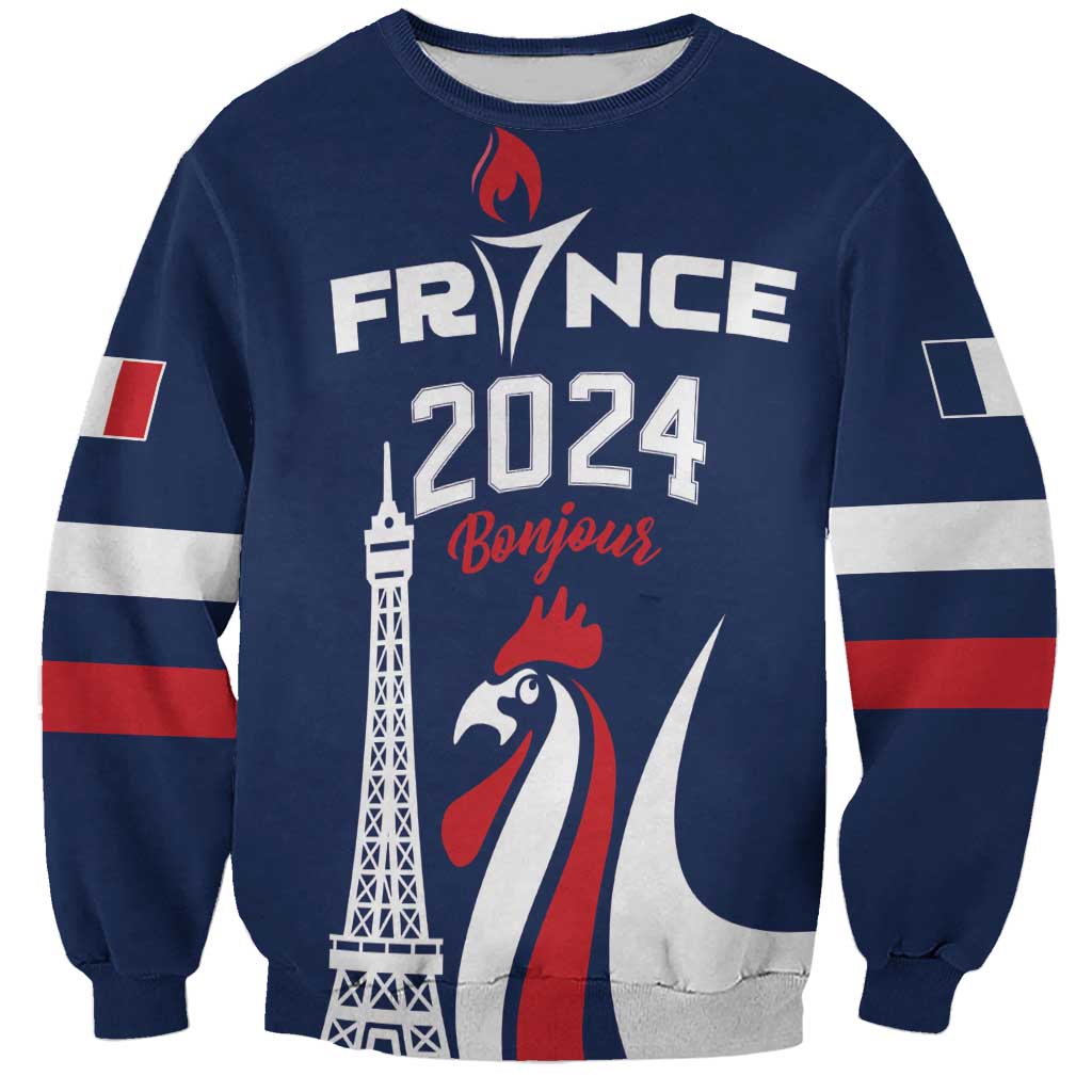 Blue crewneck sweatshirt with FRANCE 2024 Bonjour print, Eiffel Tower and rooster graphic