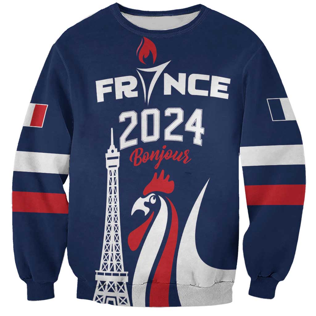 Personalized France 2024 Bonjour Sweatshirt Eiffel Tower Gallic Rooster - Wonder Print Shop