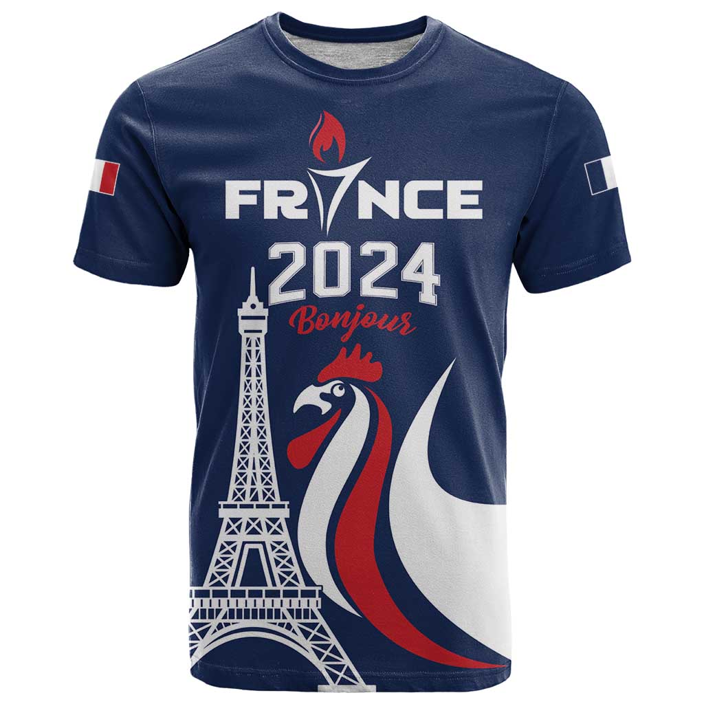 Personalized France 2024 Bonjour T Shirt Eiffel Tower Gallic Rooster - Wonder Print Shop