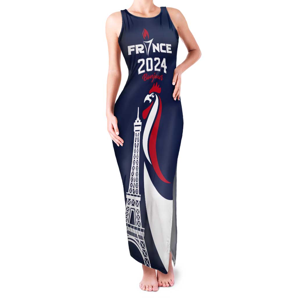 Personalized France 2024 Bonjour Tank Maxi Dress Eiffel Tower Gallic Rooster - Wonder Print Shop