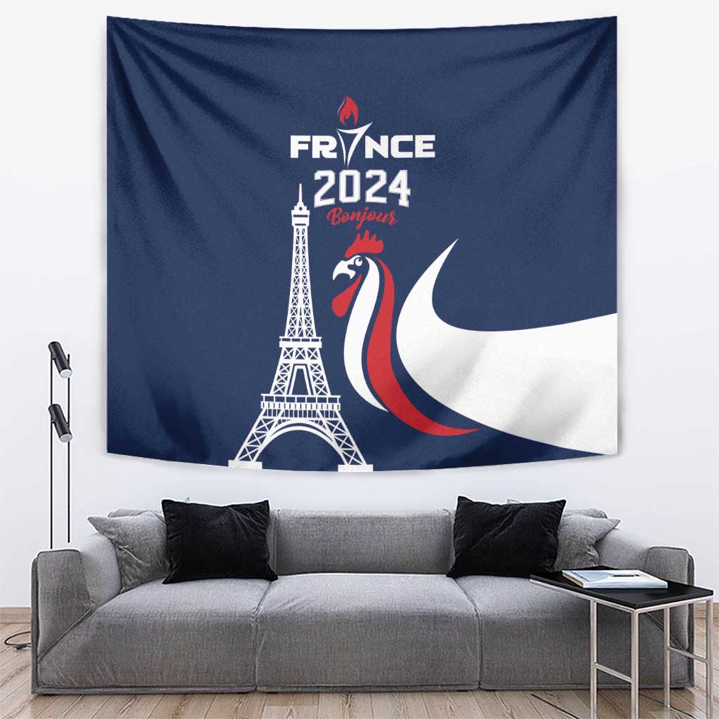 France 2024 Bonjour Tapestry Eiffel Tower Gallic Rooster