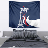 Blue France 2024 wall tapestry with Eiffel Tower, rooster, and flowing tricolor design
