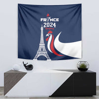 Blue France 2024 tapestry showing Eiffel Tower, rooster figure, and waving flag