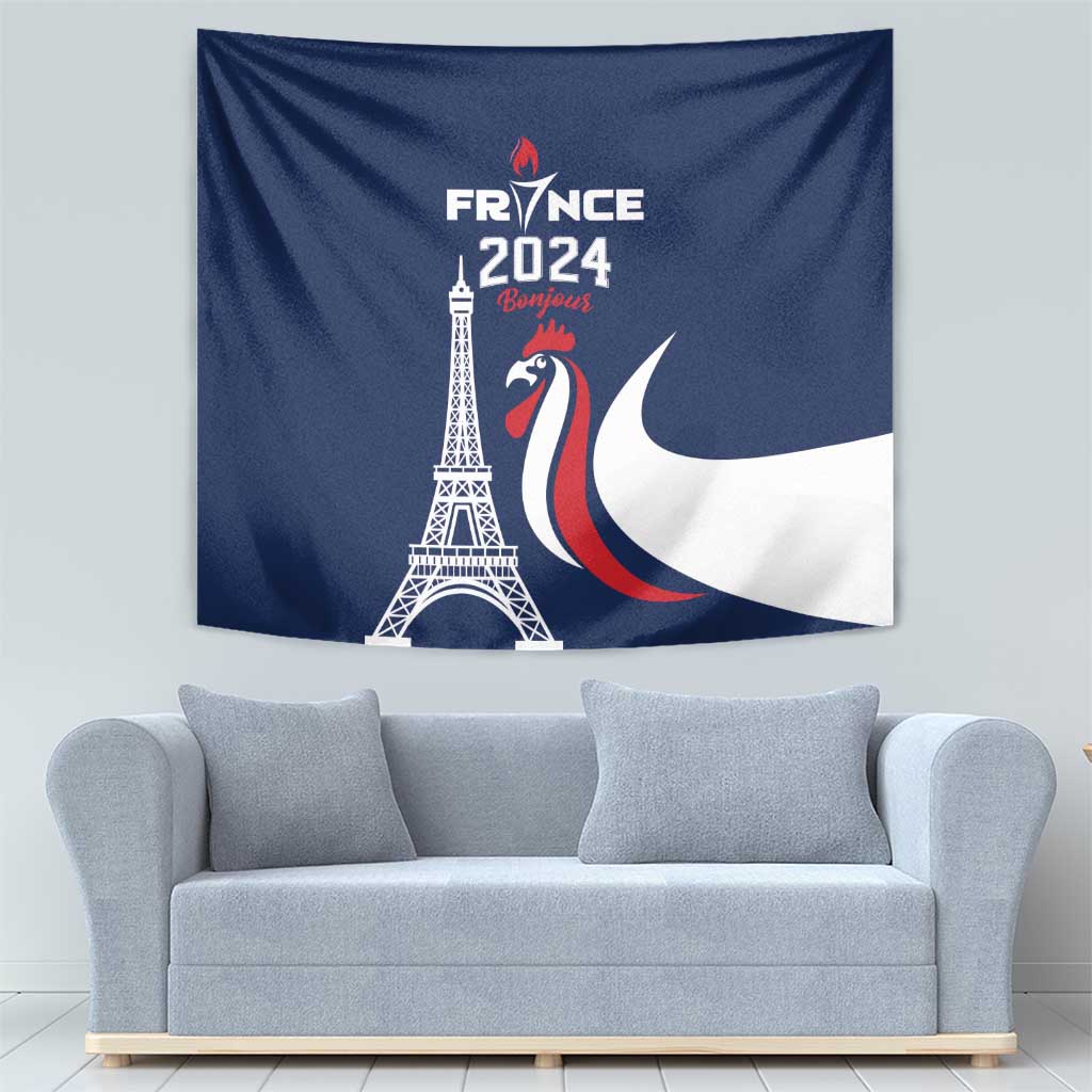 Blue France 2024 wall tapestry with Eiffel Tower, rooster, and white-red-blue flag