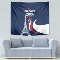 Blue France 2024 wall tapestry with Eiffel Tower, rooster, and white-red-blue flag