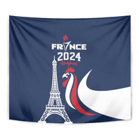 Blue France 2024 tapestry close-up with Eiffel Tower, rooster, and tricolor flag