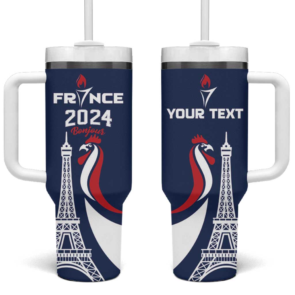 Personalized France 2024 Bonjour Tumbler With Handle Eiffel Tower Gallic Rooster - Wonder Print Shop