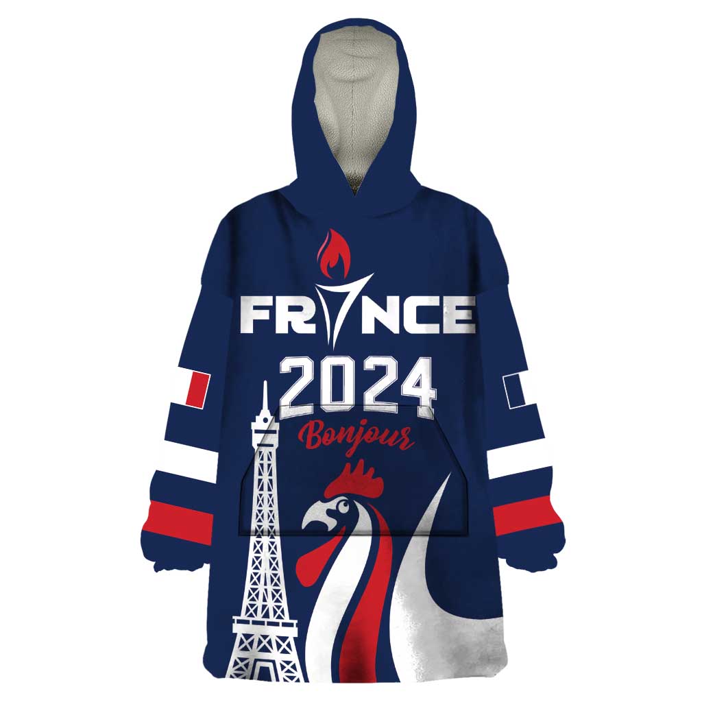 Personalized France 2024 Bonjour Wearable Blanket Hoodie Eiffel Tower Gallic Rooster - Wonder Print Shop