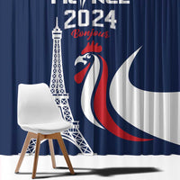 Blue window curtain featuring Eiffel Tower, 2024 text, and red French rooster detail