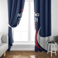 Blue curtain set on window with French design print, Eiffel Tower and 2024 Bonjour motif