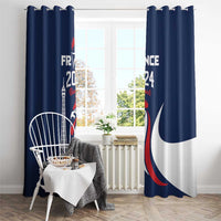 Blue curtain with Eiffel Tower illustration, 2024 text, and rooster design on hanging hooks