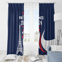 Blue French window curtain set with Eiffel Tower, 2024 lettering, and rooster graphic panel