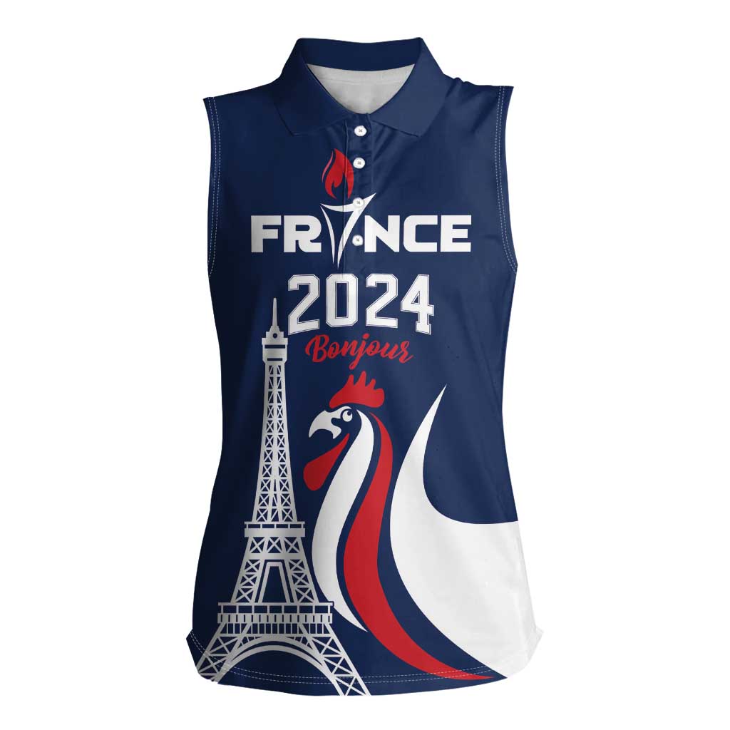 Personalized France 2024 Bonjour Women Sleeveless Polo Shirt Eiffel Tower Gallic Rooster - Wonder Print Shop