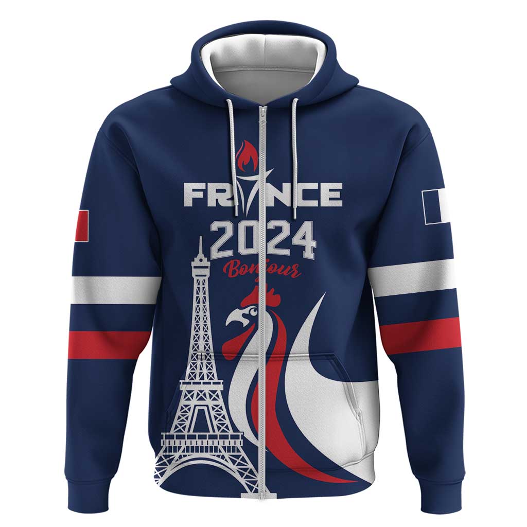 Personalized France 2024 Bonjour Zip Hoodie Eiffel Tower Gallic Rooster - Wonder Print Shop