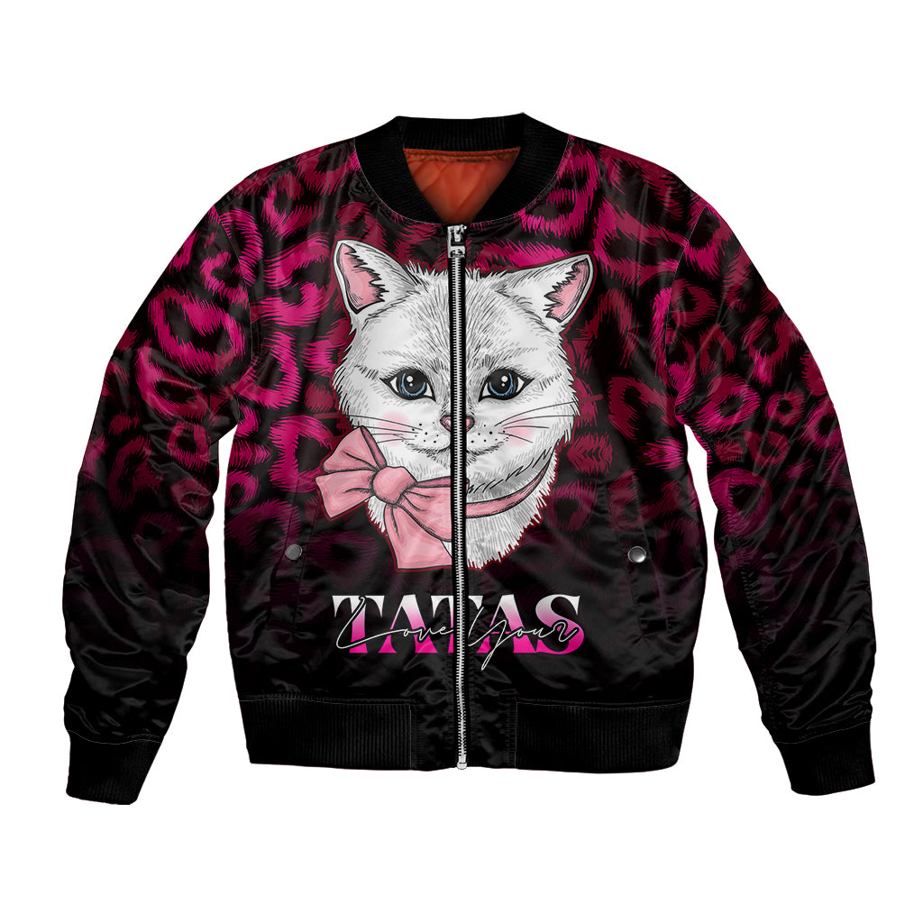 Unisex pink leopard bomber jacket with front zip, cat face graphic and pink bow