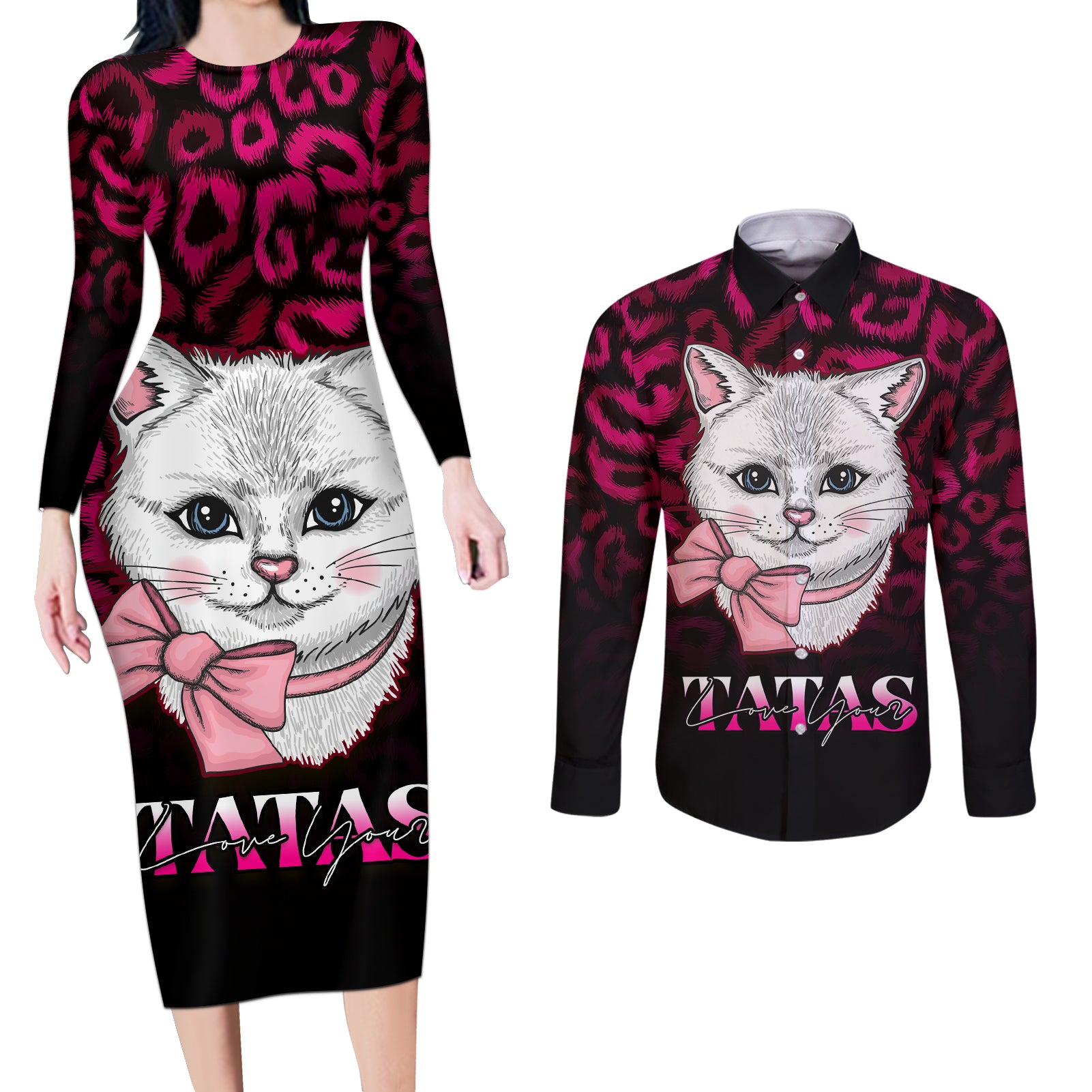 Personalised Love Your Tatas Couples Matching Long Sleeve Bodycon Dress and Long Sleeve Button Shirts Cat Breast Cancer Awareness - Wonder Print Shop