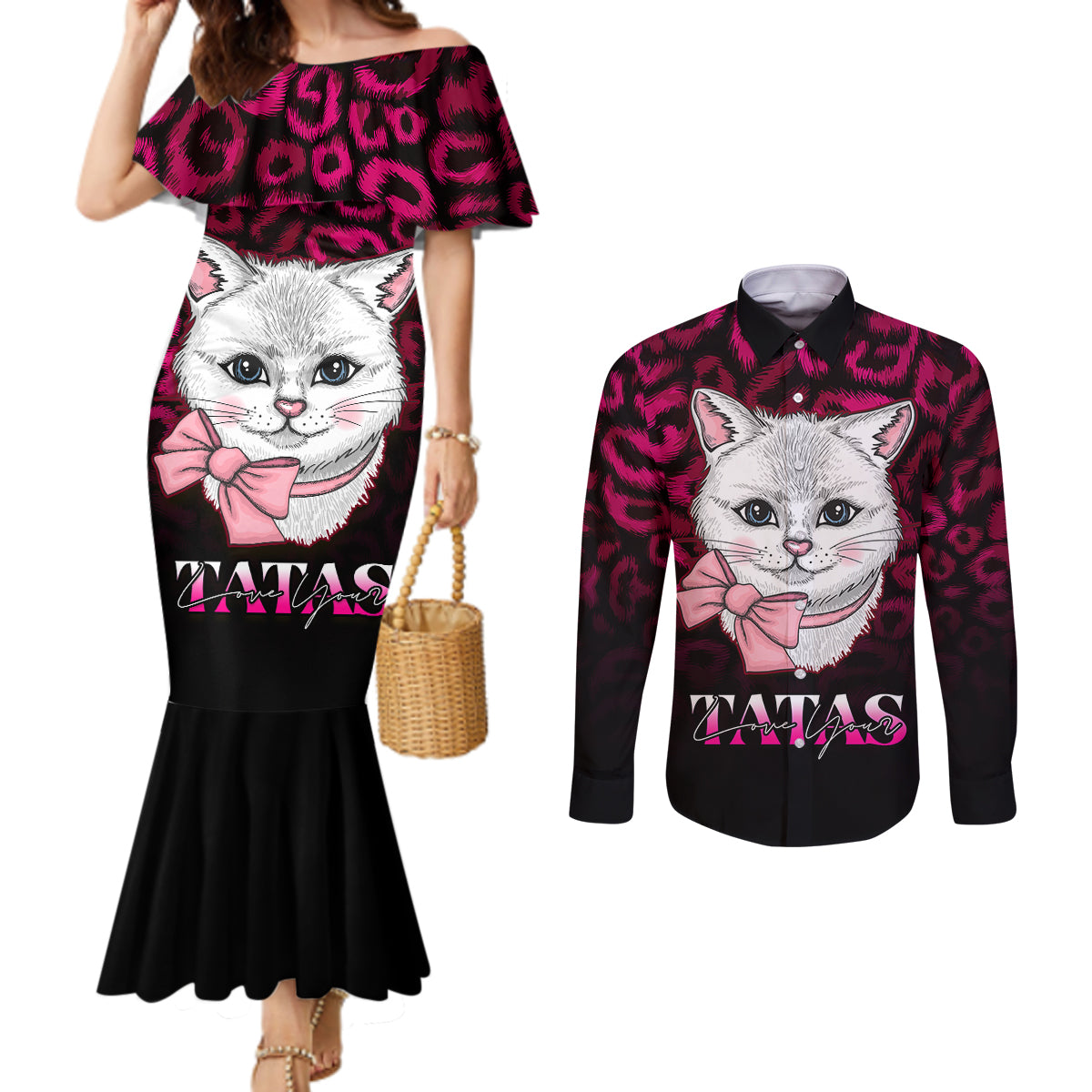 personalised-love-your-tatas-couples-matching-mermaid-dress-and-long-sleeve-button-shirts-cat-breast-cancer-awareness