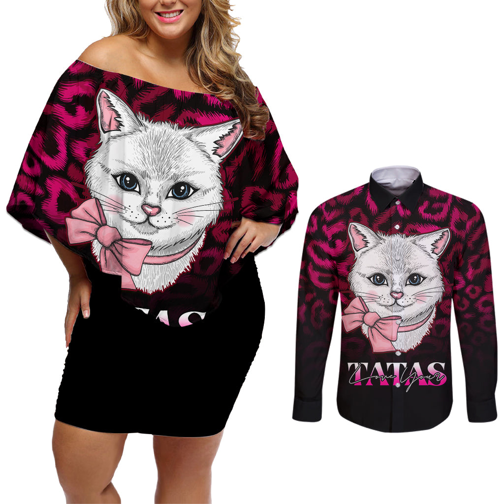 Personalised Love Your Tatas Couples Matching Off Shoulder Short Dress and Long Sleeve Button Shirts Cat Breast Cancer Awareness - Wonder Print Shop