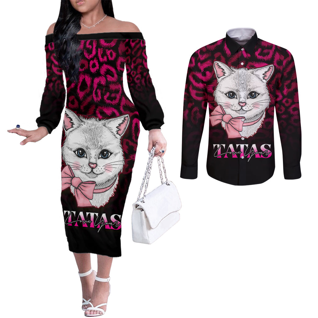 personalised-love-your-tatas-couples-matching-off-the-shoulder-long-sleeve-dress-and-long-sleeve-button-shirts-cat-breast-cancer-awareness