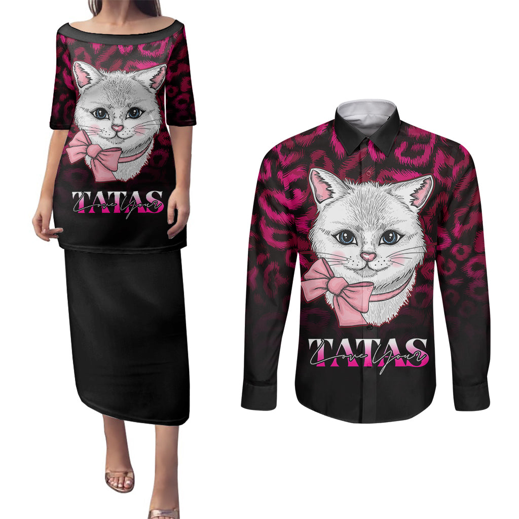 Personalised Love Your Tatas Couples Matching Puletasi Dress and Long Sleeve Button Shirts Cat Breast Cancer Awareness - Wonder Print Shop