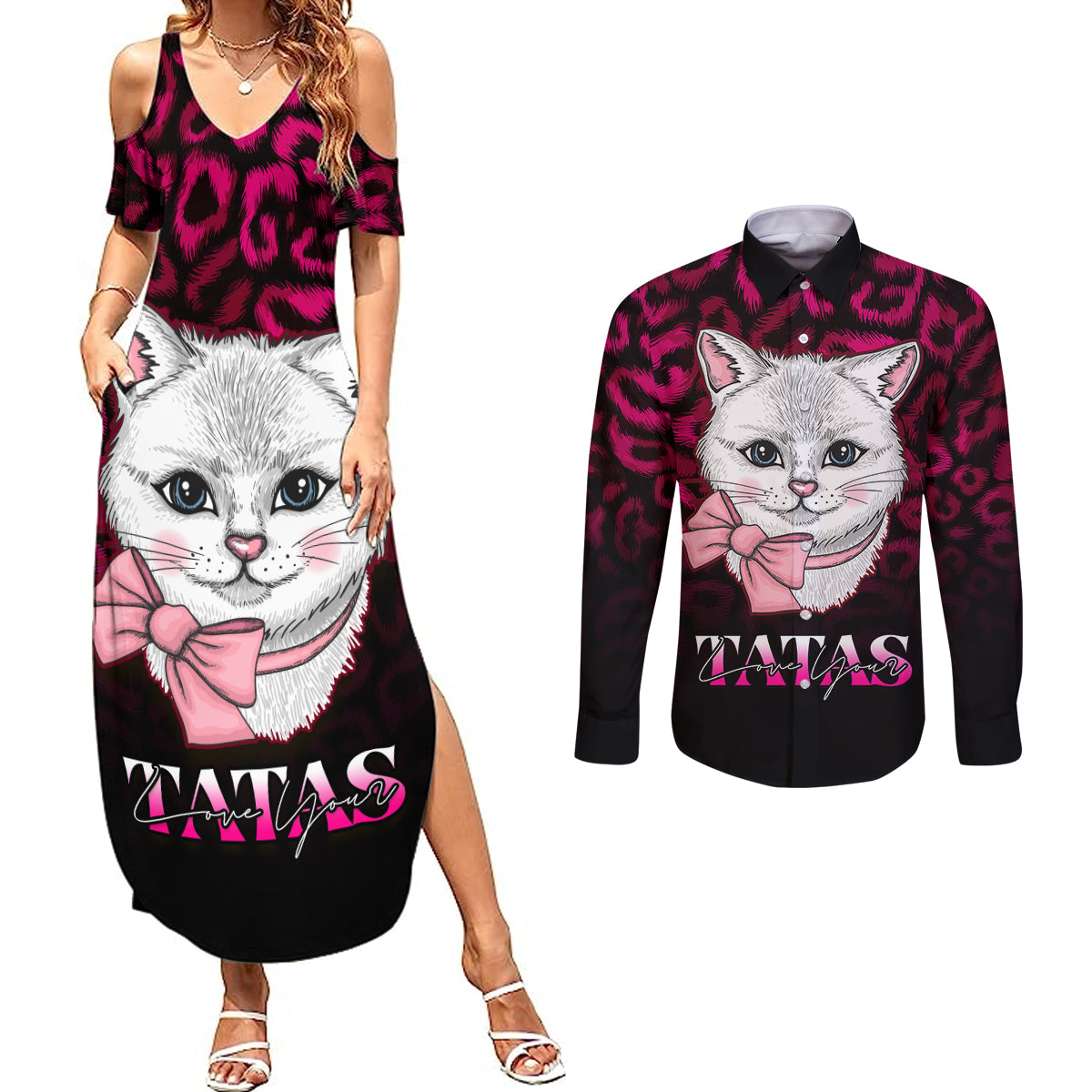 Personalised Love Your Tatas Couples Matching Summer Maxi Dress and Long Sleeve Button Shirts Cat Breast Cancer Awareness - Wonder Print Shop