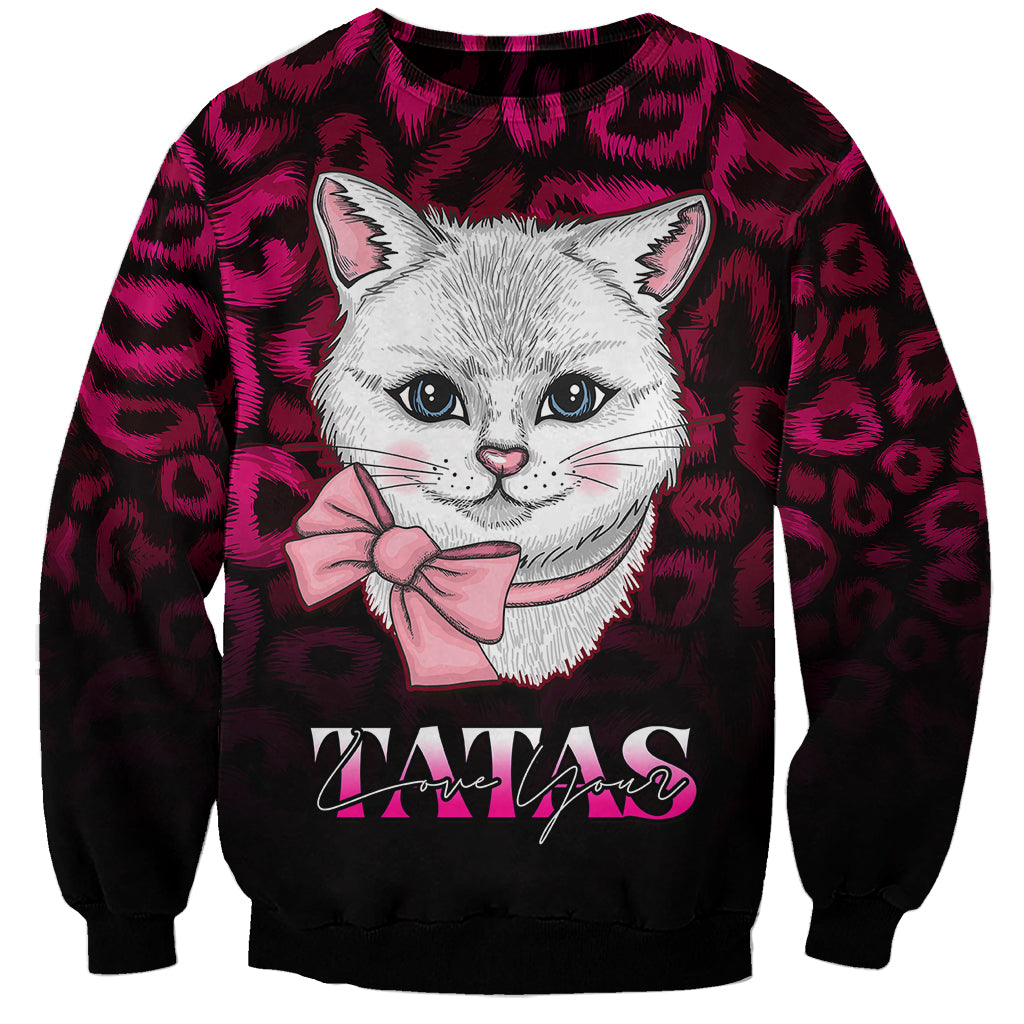Unisex cat graphic sweatshirt, pink bow, black-and-magenta leopard print