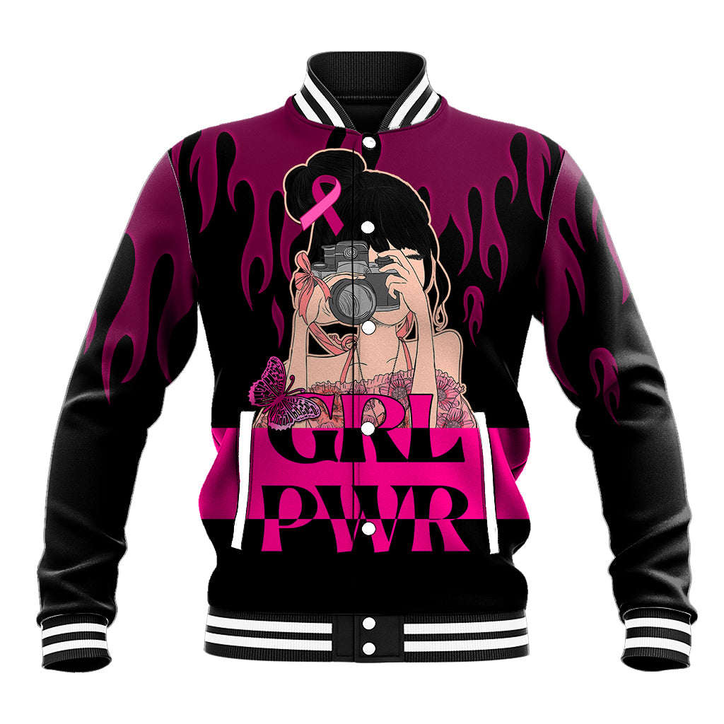 Pink and black flame varsity baseball jacket with girl camera graphic and pink ribbon