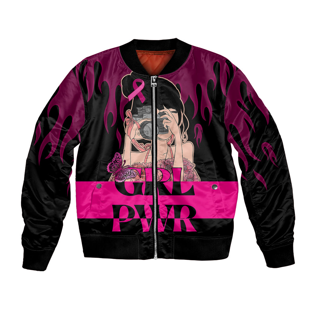 Pink-and-black bomber jacket with zipper, flame sleeves, girl graphic and pink ribbon