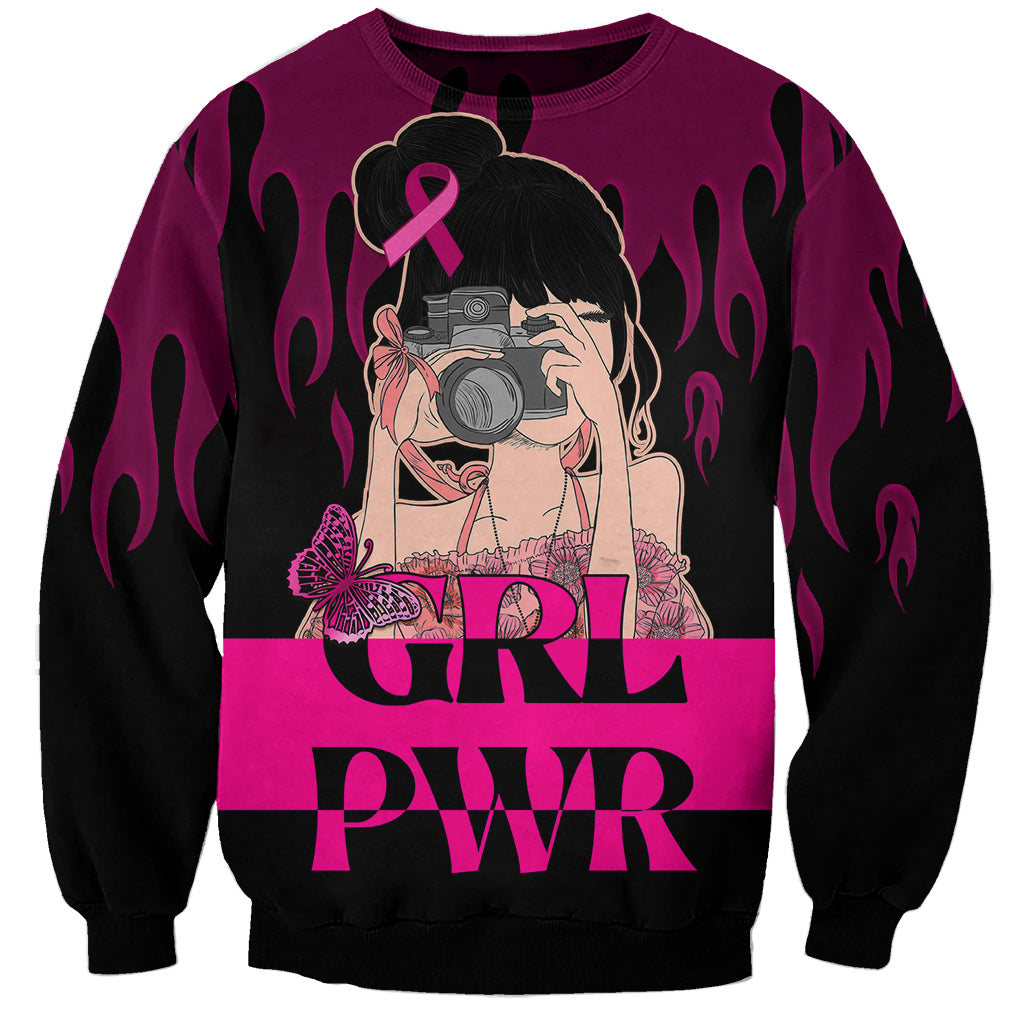 Dark purple sweatshirt with pink ribbon awareness graphic and 'GIRL PWR' front print