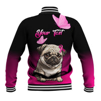 Unisex dark baseball jacket back with pink butterfly design, pug graphic, and custom text