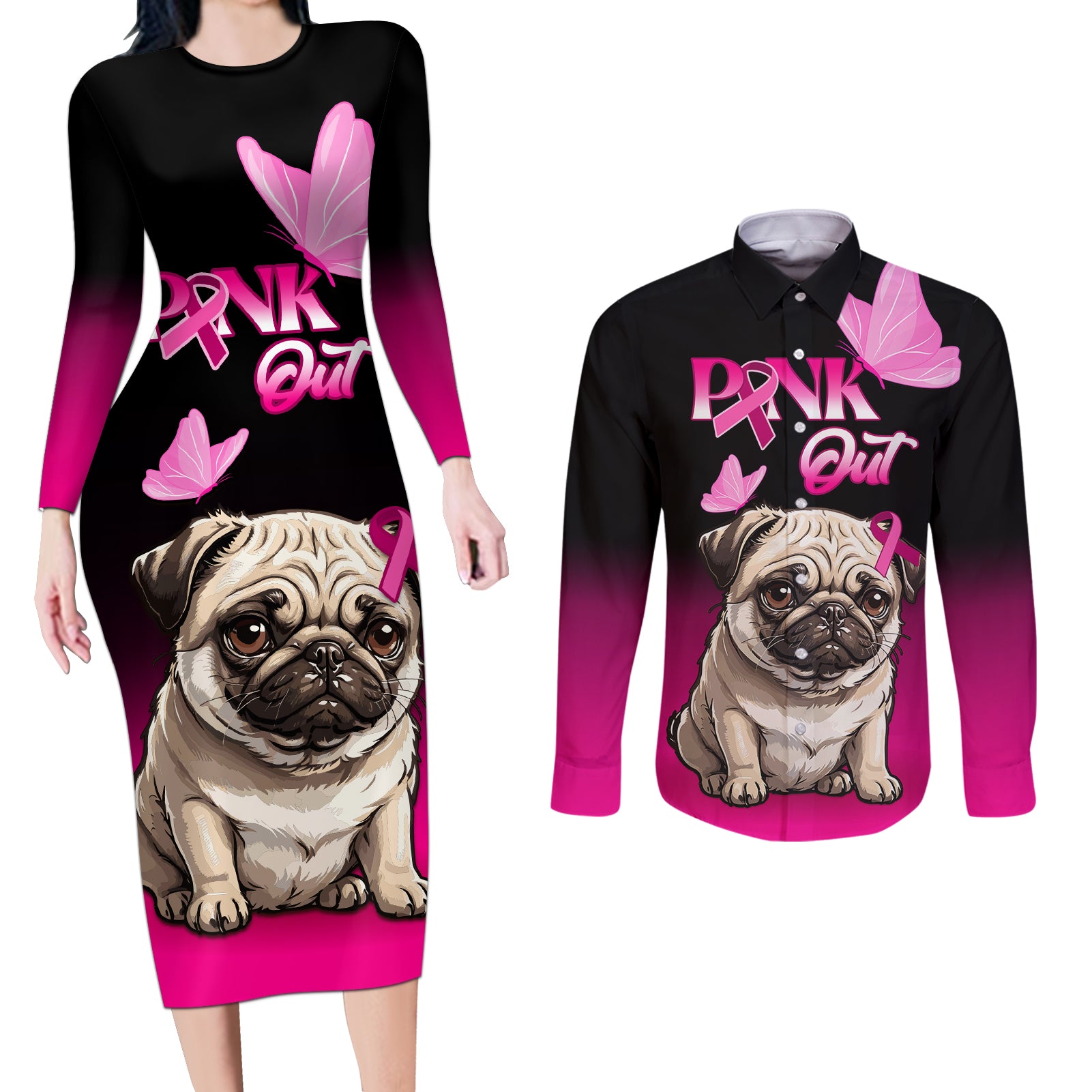 Personalised Pink Out Couples Matching Long Sleeve Bodycon Dress and Long Sleeve Button Shirts Pug Dog Breast Cancer Awareness - Wonder Print Shop