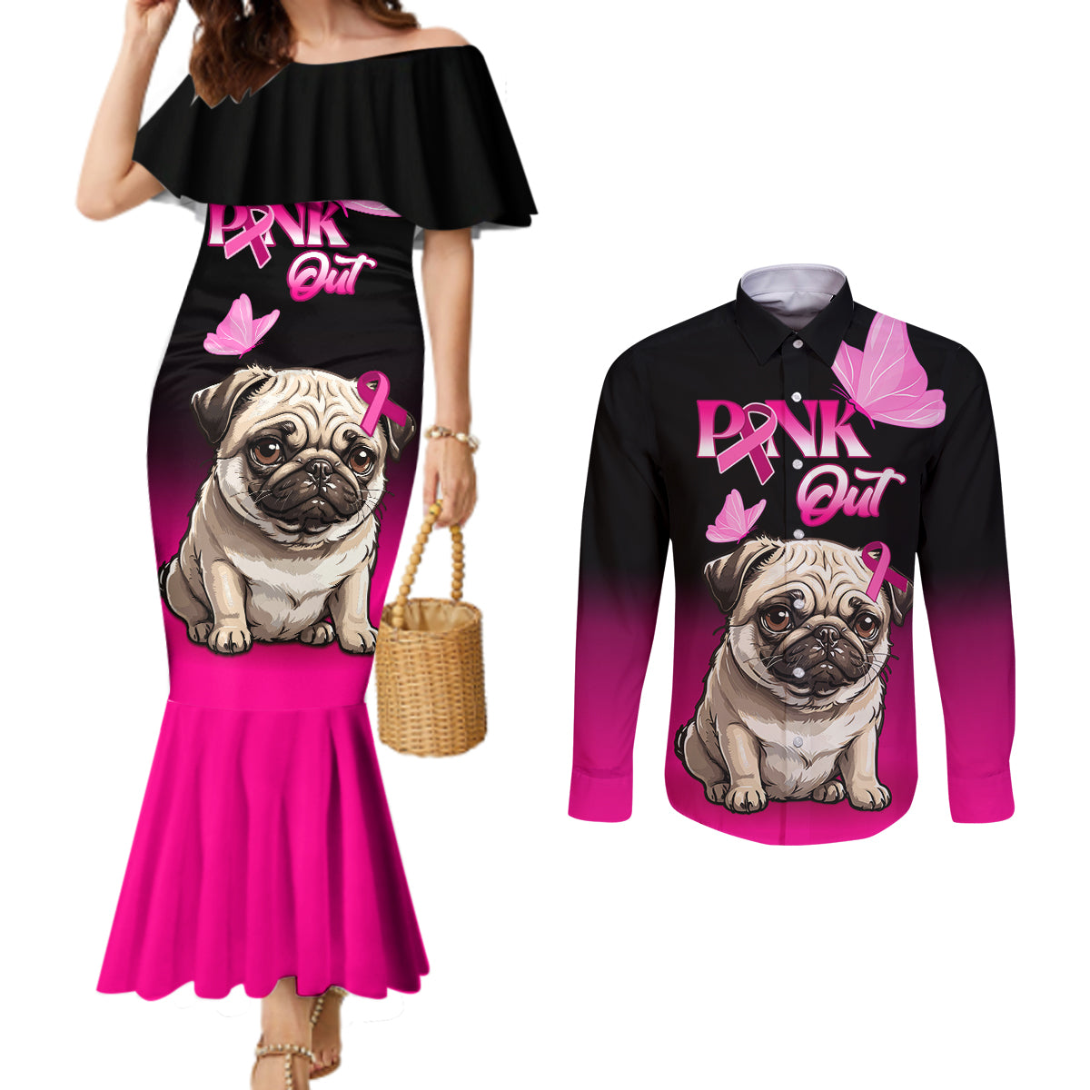 personalised-pink-out-couples-matching-mermaid-dress-and-long-sleeve-button-shirts-pug-dog-breast-cancer-awareness