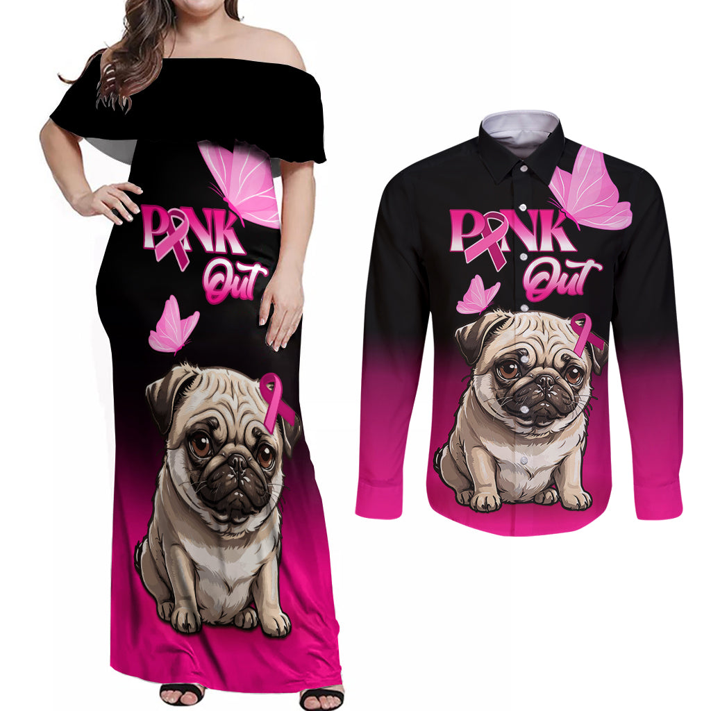 Personalised Pink Out Couples Matching Off Shoulder Maxi Dress and Long Sleeve Button Shirts Pug Dog Breast Cancer Awareness - Wonder Print Shop