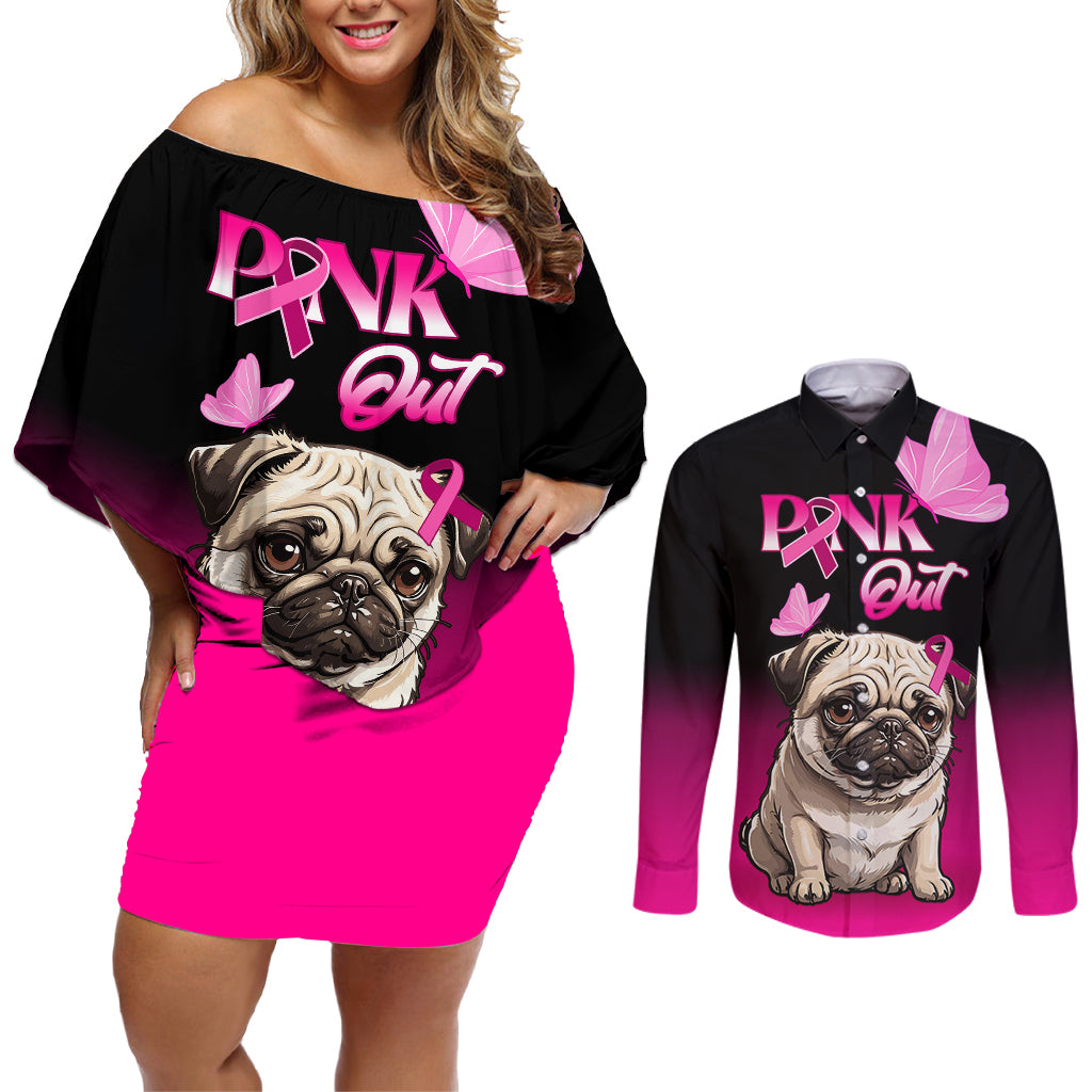 Personalised Pink Out Couples Matching Off Shoulder Short Dress and Long Sleeve Button Shirts Pug Dog Breast Cancer Awareness - Wonder Print Shop