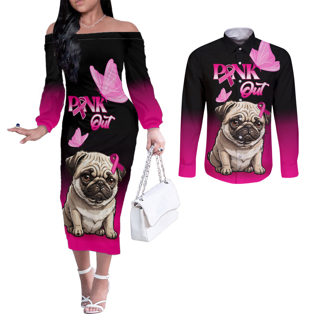 personalised-pink-out-couples-matching-off-the-shoulder-long-sleeve-dress-and-long-sleeve-button-shirts-pug-dog-breast-cancer-awareness