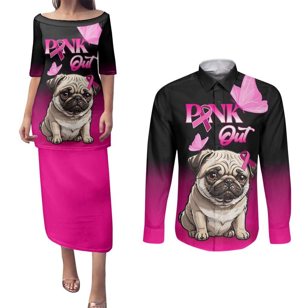 Personalised Pink Out Couples Matching Puletasi Dress and Long Sleeve Button Shirts Pug Dog Breast Cancer Awareness - Wonder Print Shop