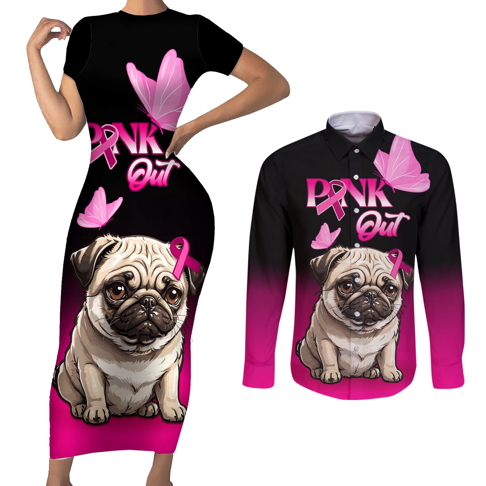 Personalised Pink Out Couples Matching Short Sleeve Bodycon Dress and Long Sleeve Button Shirts Pug Dog Breast Cancer Awareness - Wonder Print Shop