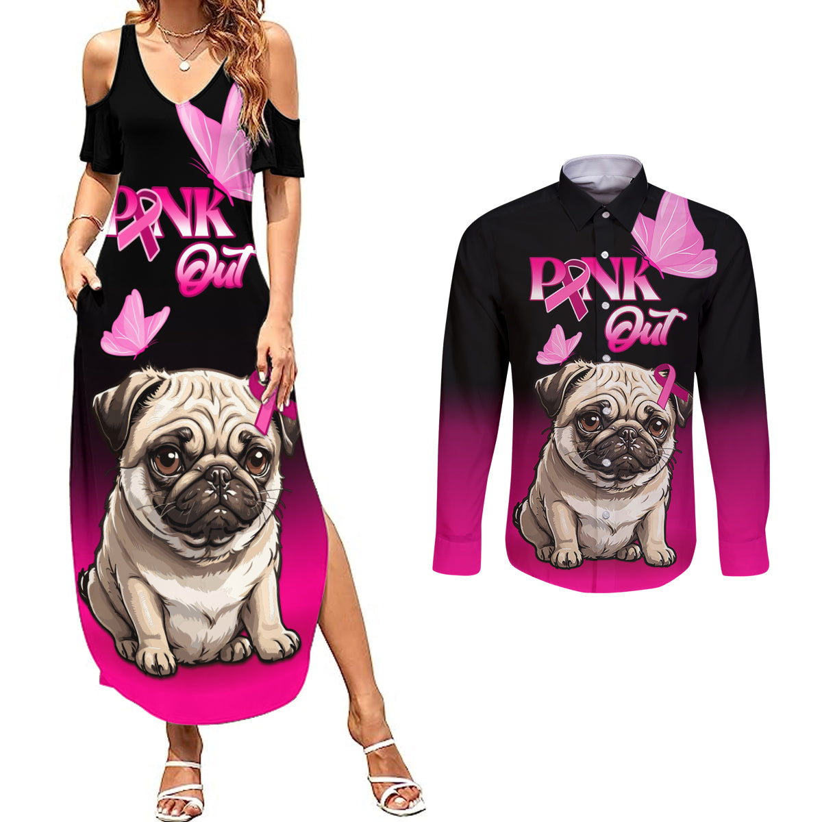 Personalised Pink Out Couples Matching Summer Maxi Dress and Long Sleeve Button Shirts Pug Dog Breast Cancer Awareness - Wonder Print Shop