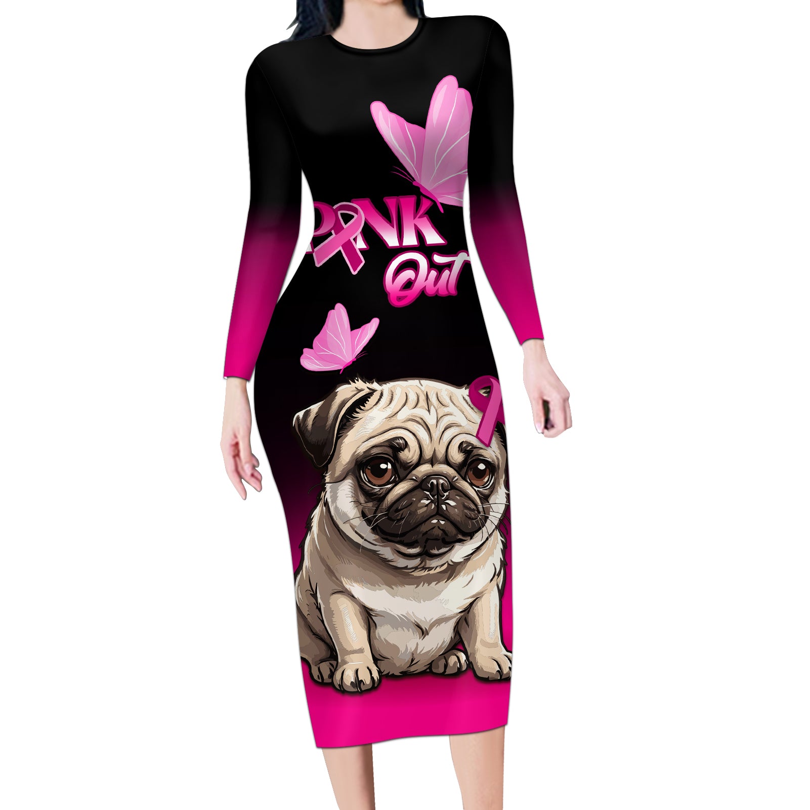 Personalised Pink Out Long Sleeve Bodycon Dress Pug Dog Breast Cancer Awareness - Wonder Print Shop