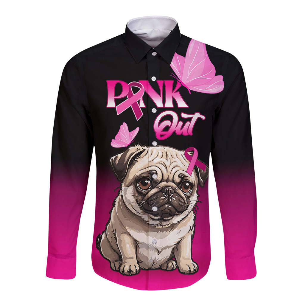 Personalised Pink Out Long Sleeve Button Shirt Pug Dog Breast Cancer Awareness - Wonder Print Shop