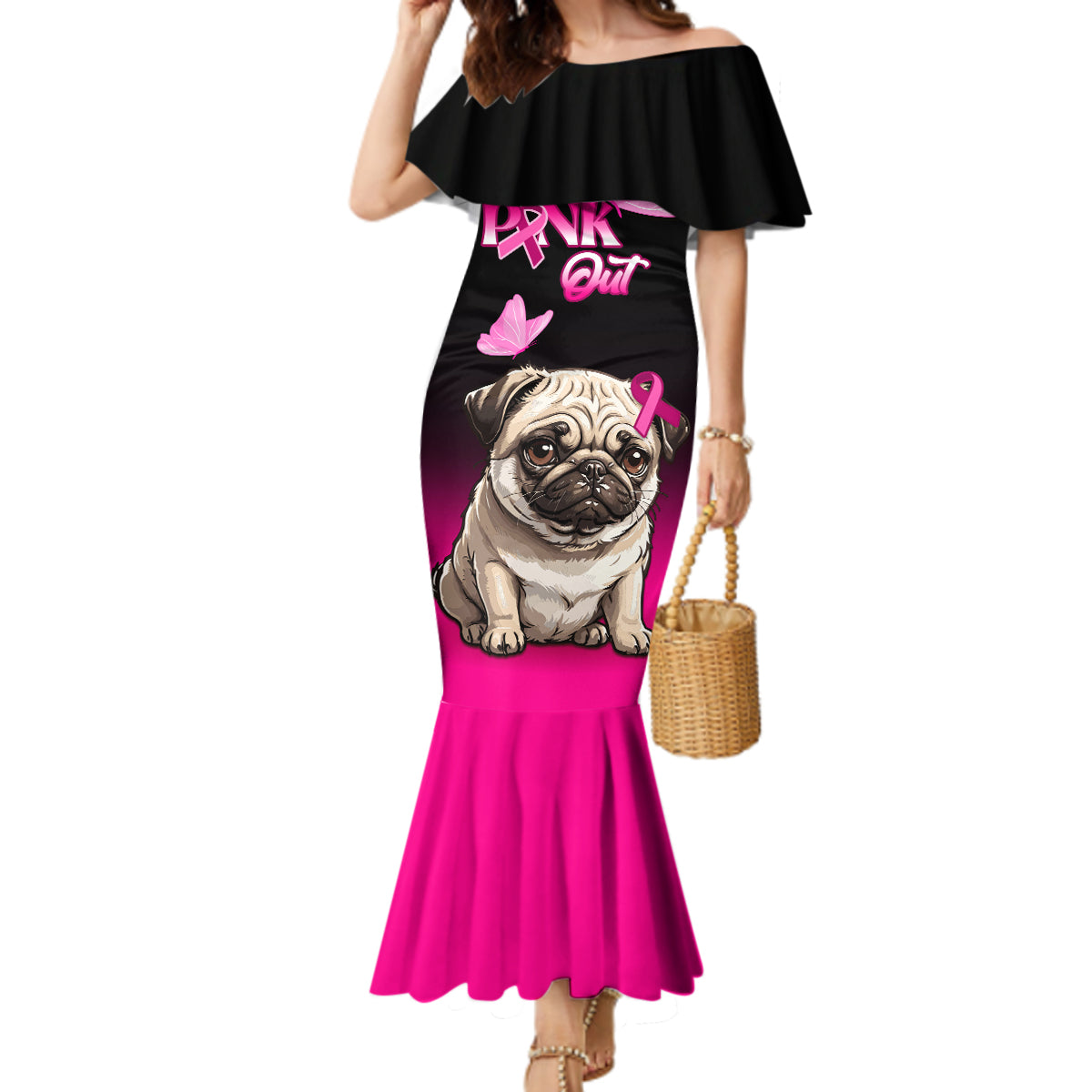 Personalised Pink Out Mermaid Dress Pug Dog Breast Cancer Awareness - Wonder Print Shop