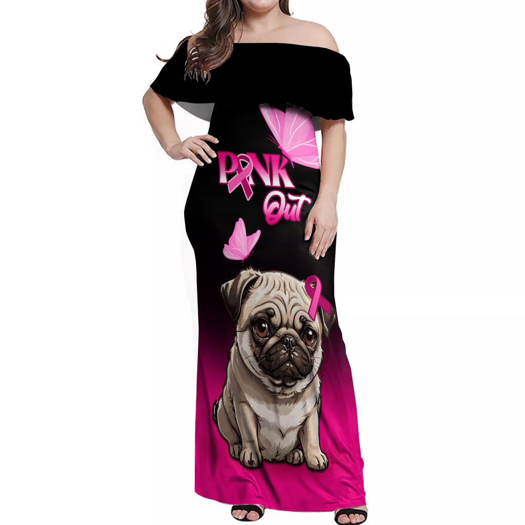 Personalised Pink Out Off Shoulder Maxi Dress Pug Dog Breast Cancer Awareness - Wonder Print Shop