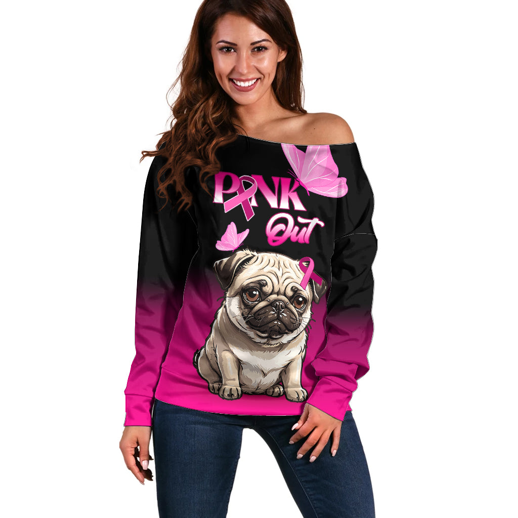 Personalised Pink Out Off Shoulder Sweater Pug Dog Breast Cancer Awareness - Wonder Print Shop