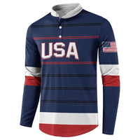 Navy USA button sweatshirt with red stripe accents and flag patch on sleeve