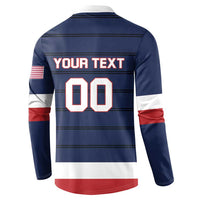 Navy button sweatshirt back with 'YOUR TEXT' and '00' graphic, flag sleeve patch