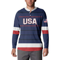 Navy button sweatshirt on model with USA chest print and red/white striped accents