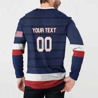 Navy button sweatshirt back on model with 'YOUR TEXT' and '00' print, flag patch