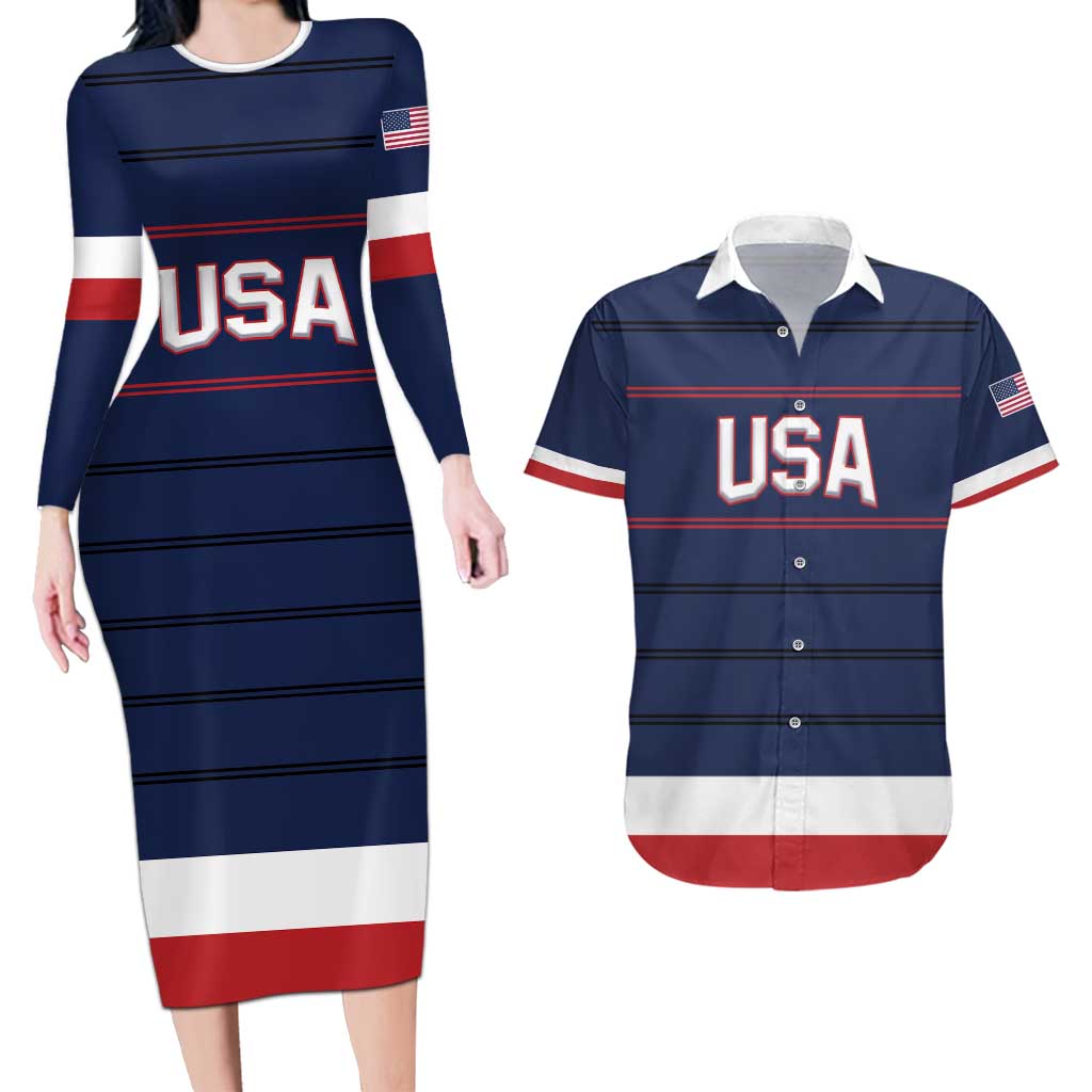 Custom USA Hockey Team Couples Matching Long Sleeve Bodycon Dress and Hawaiian Shirt Go Champions