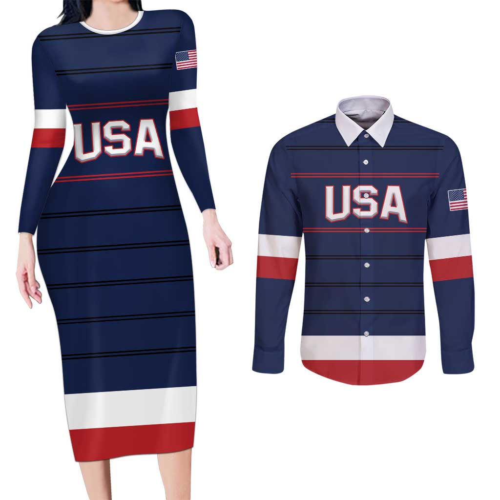 Custom USA Hockey Team Couples Matching Long Sleeve Bodycon Dress and Long Sleeve Button Shirt Go Champions